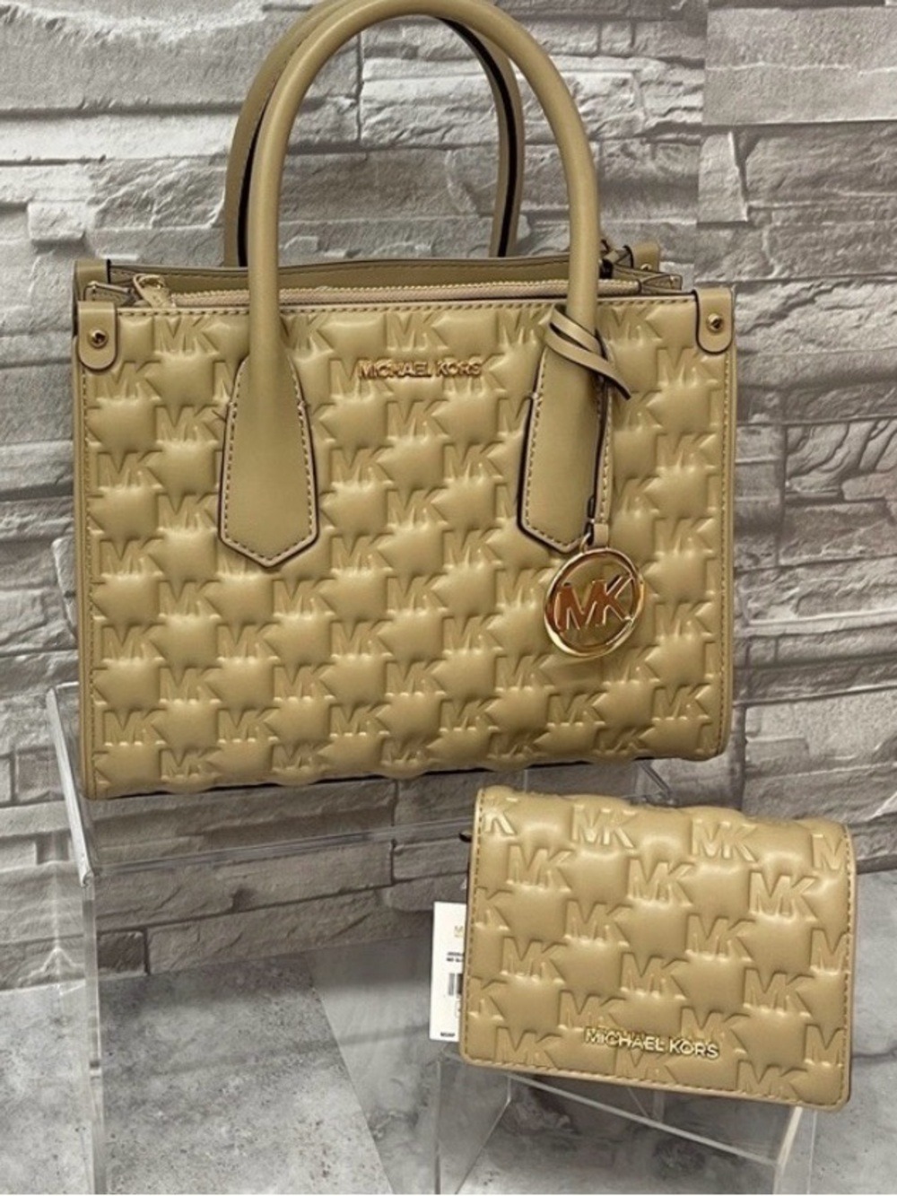 Michael Kors Maple Embossed Puffy Logo Small Satchel & Matching Wallet Camel Tan - Picture 14 of 14